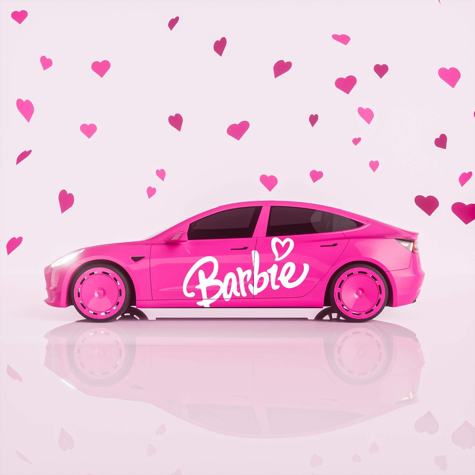 Bold statement: Barbie Pink Aerodisc Hubcaps custom for Tesla Barbies!