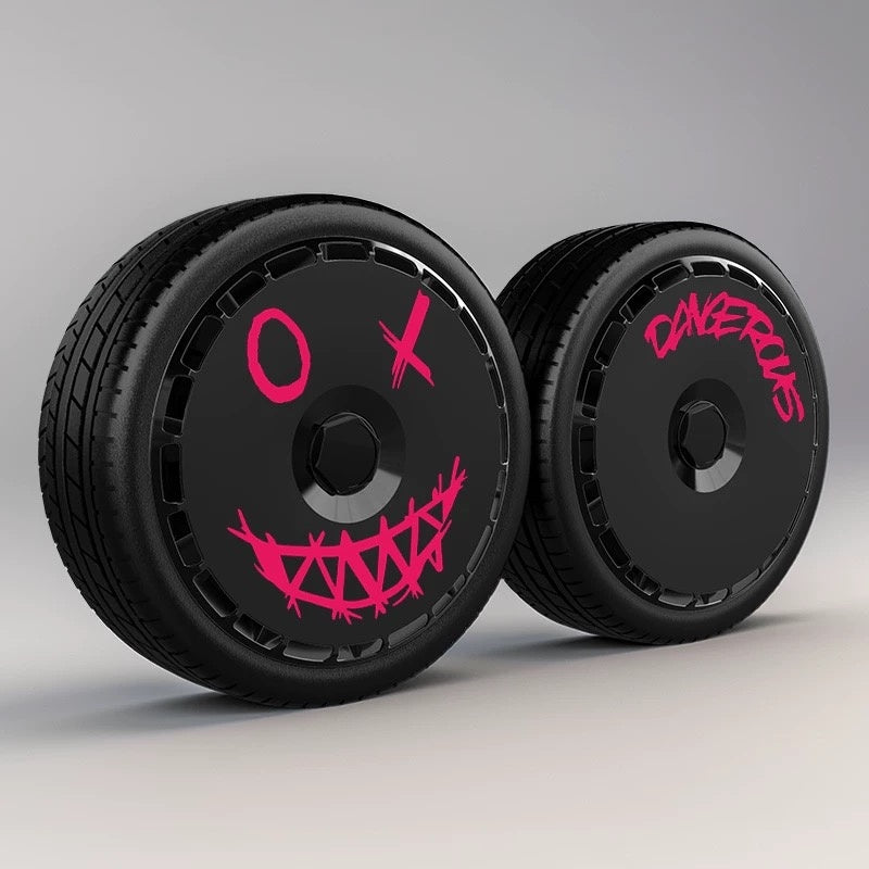 A2-3  Pink devil smiley face Tesla wheel covers for Model 3yxs 21" 20" 19" 18" hubcaps UV Printing